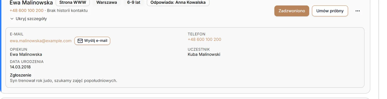 Rozwinięte szczegóły zgłoszenia