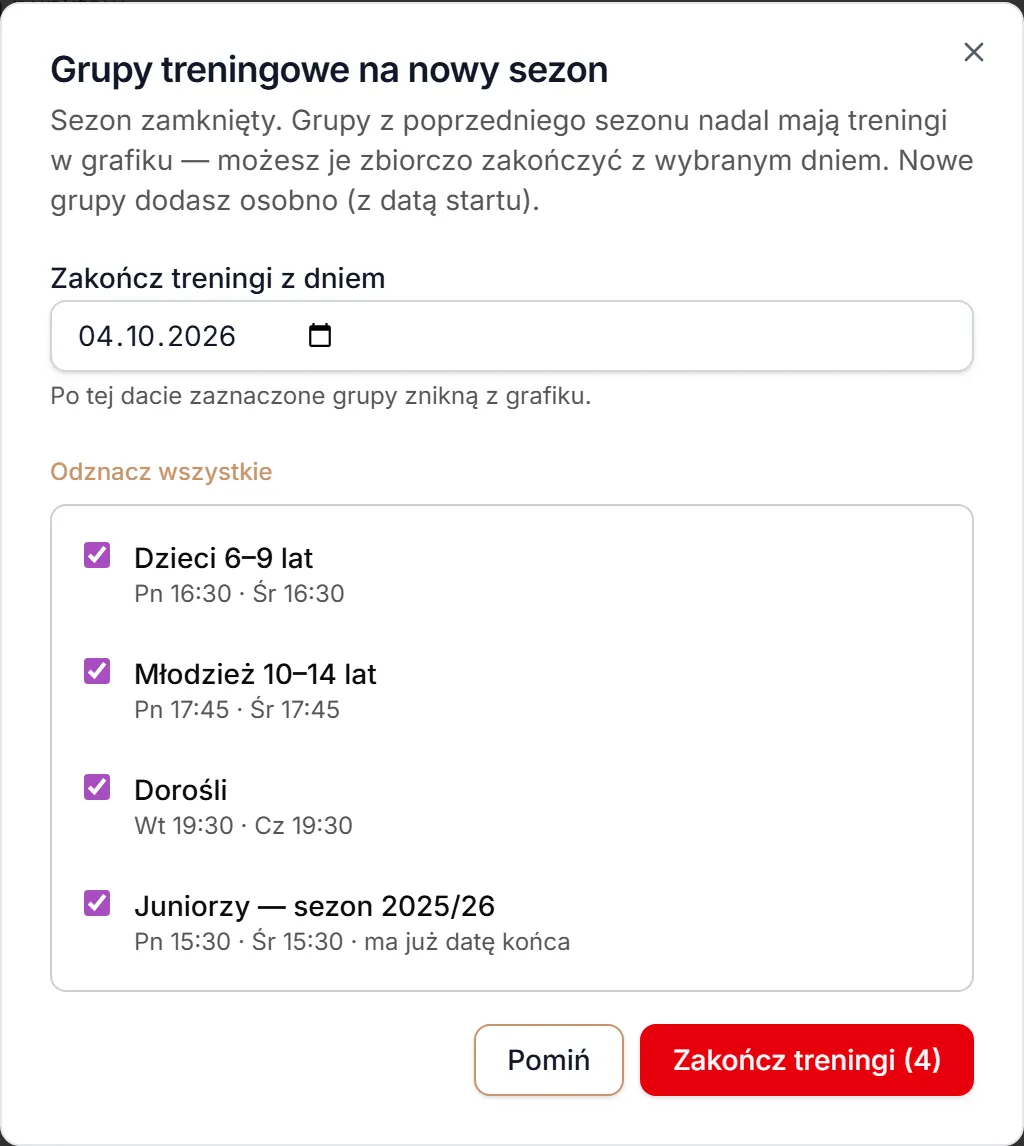Okno zakończenia treningów grup