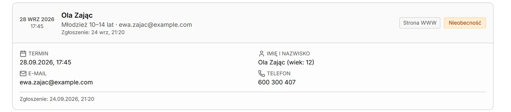 Archiwum — nieobecność na próbnym