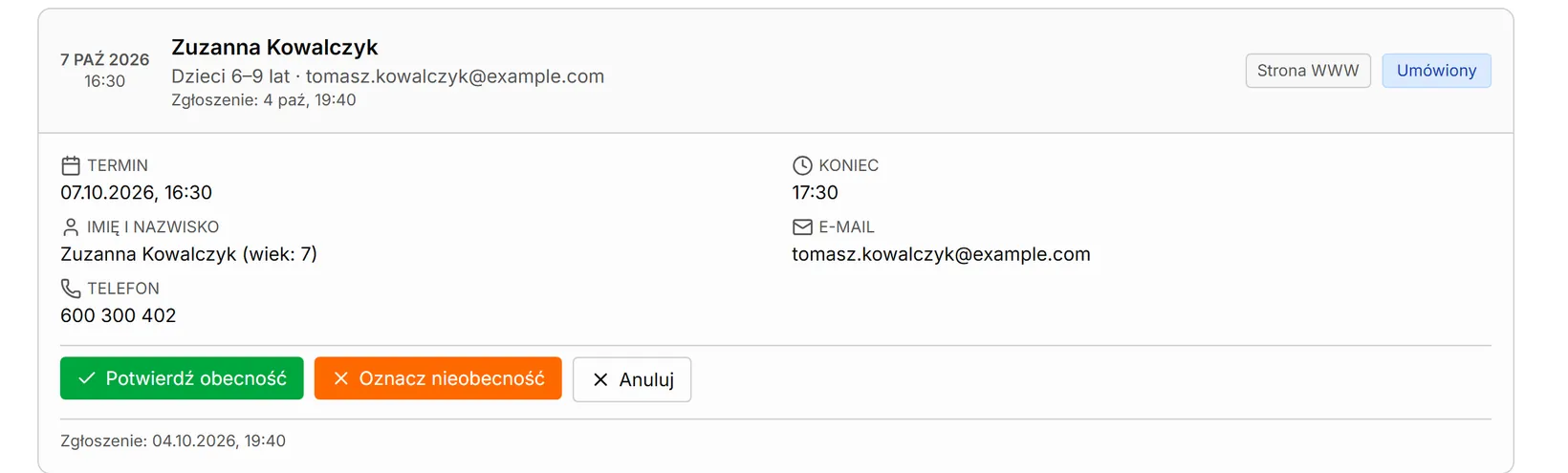 Rozwinięta rezerwacja bez uwag