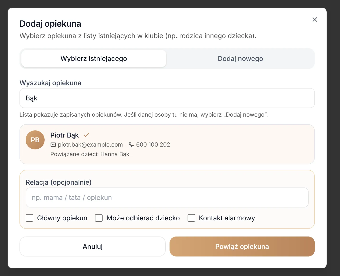 Dodaj opiekuna — wybór istniejącego