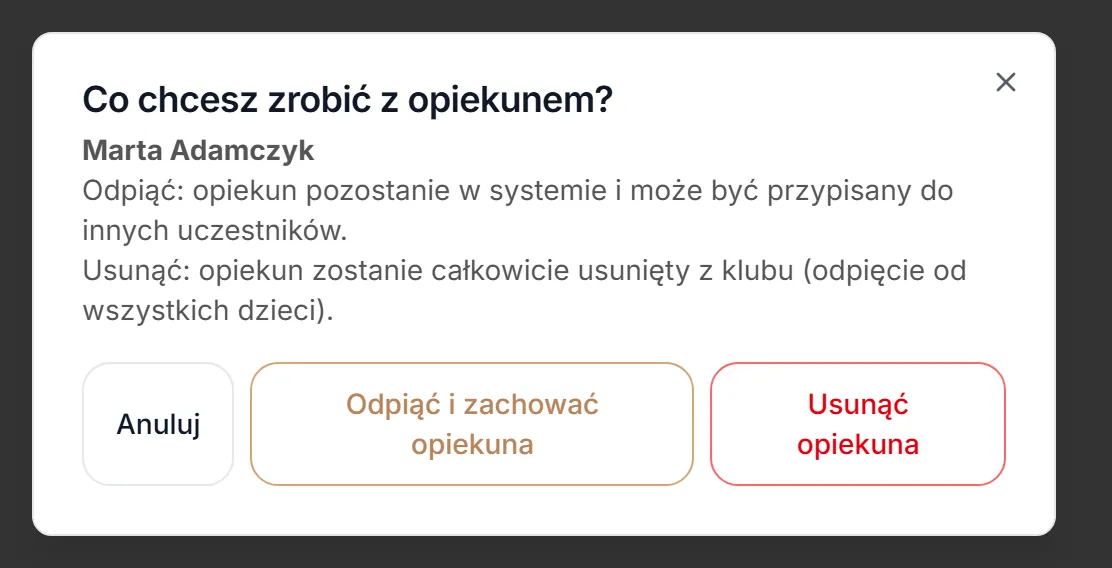 Okno Odepnij / Usuń opiekuna