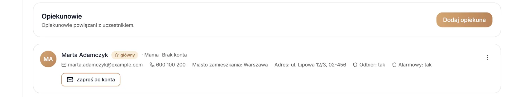 Zakładka Opiekunowie — karta opiekuna i menu