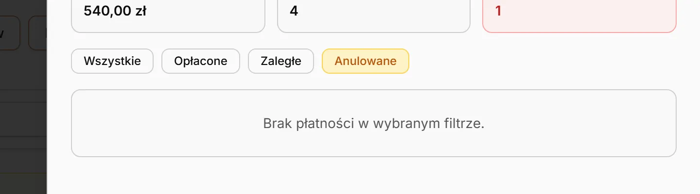 Historia płatności — filtr Anulowane