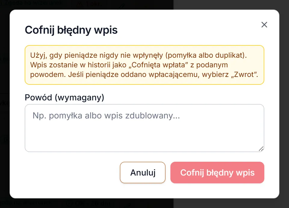 Cofnięcie błędnie zapisanej wpłaty