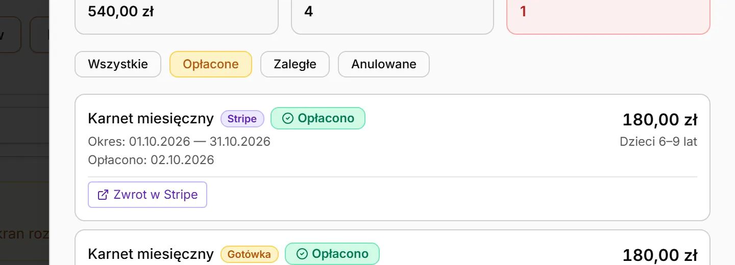 Historia płatności — filtr Opłacone