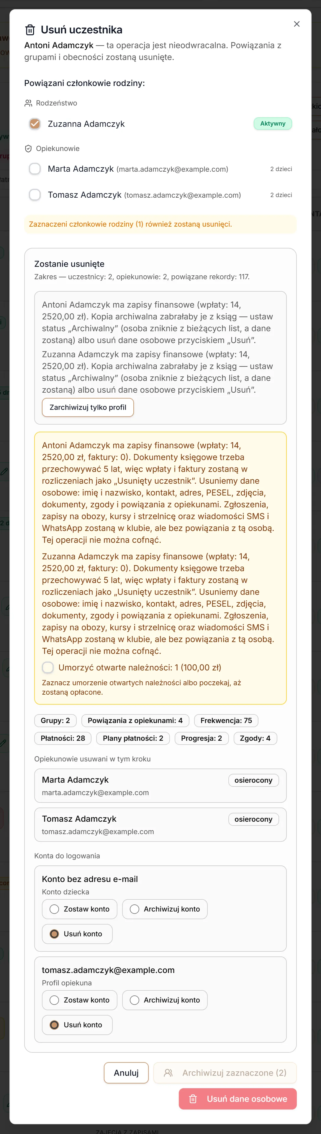 Usuwanie uczestnika — rodzina, zakres, konta i wybór archiwum