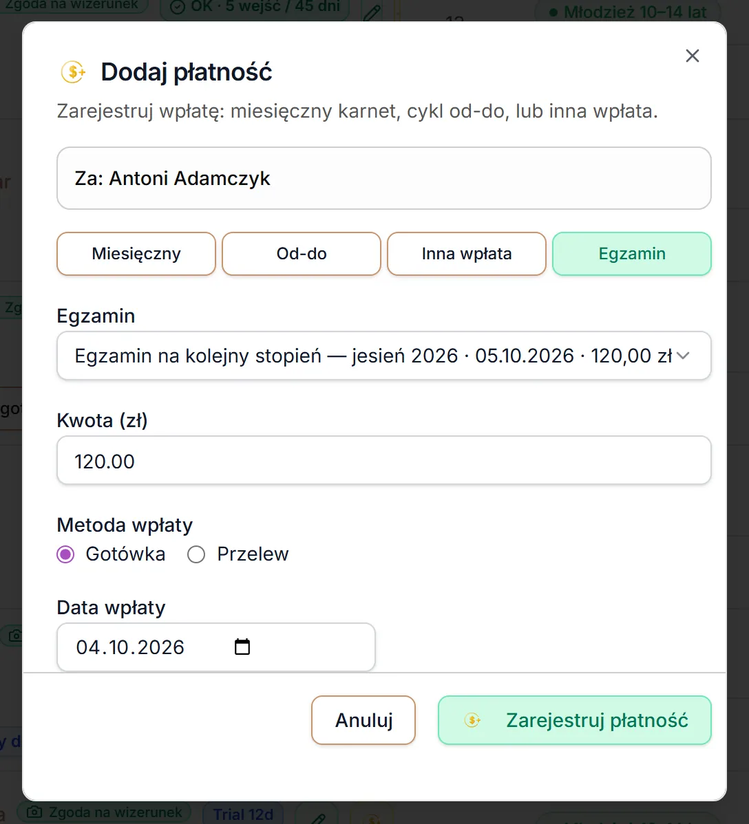 Dodaj płatność — zakładka Egzamin