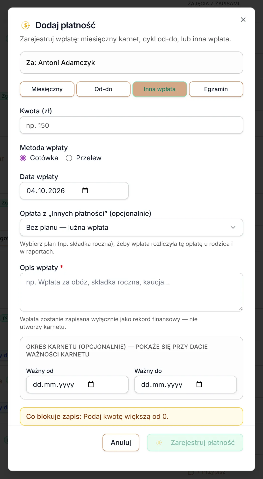 Dodaj płatność — zakładka Inna wpłata