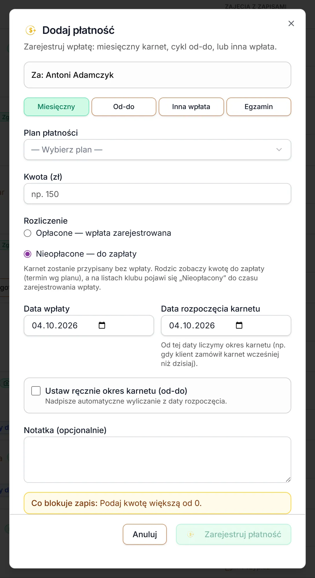 Dodaj płatność — karnet bez wpłaty