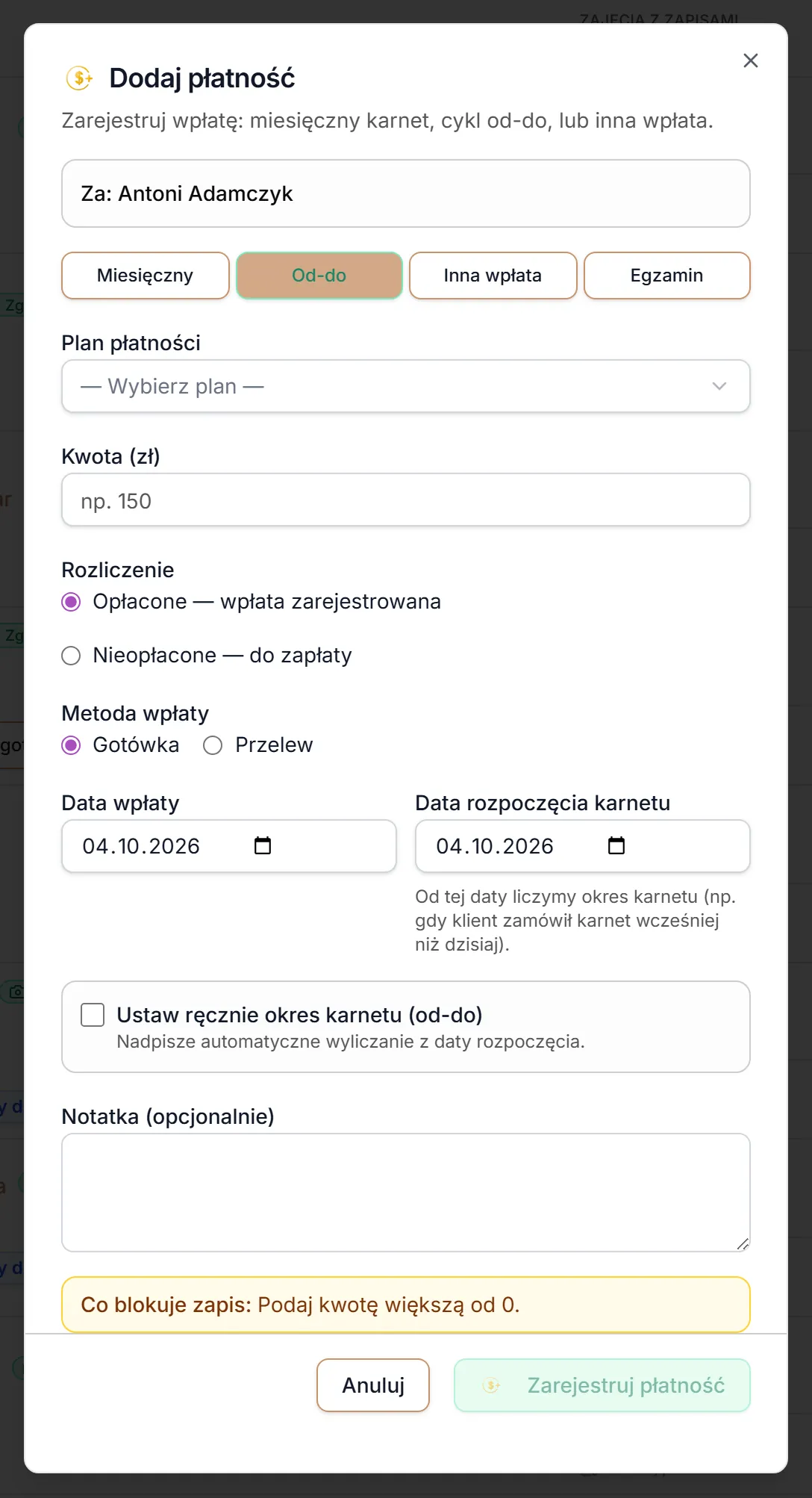 Dodaj płatność — zakładka Od-do