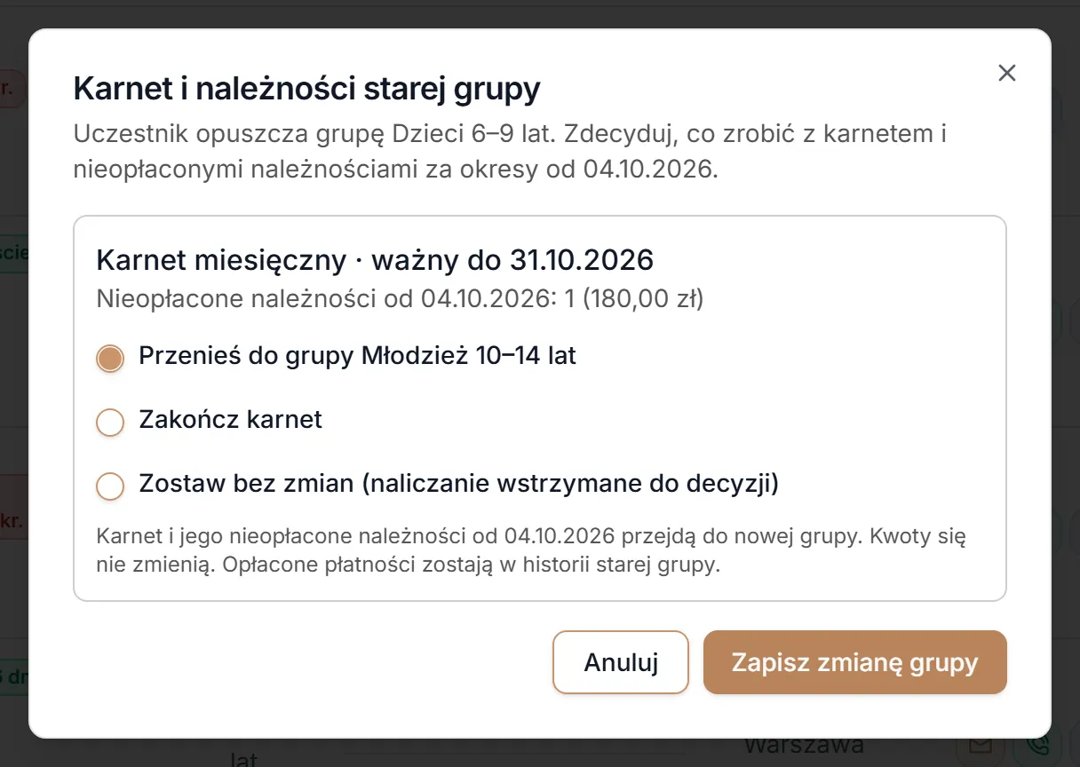 Karnet i należności po zmianie grupy