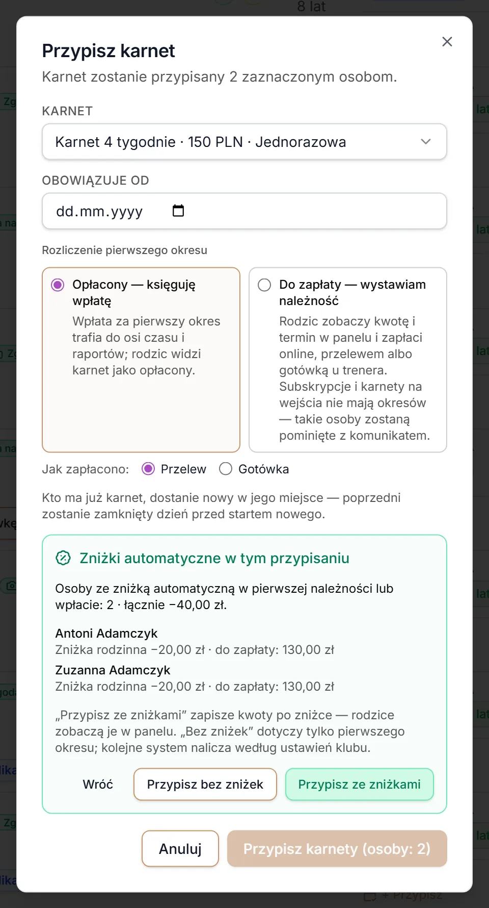 Przegląd zniżek automatycznych przed zapisem