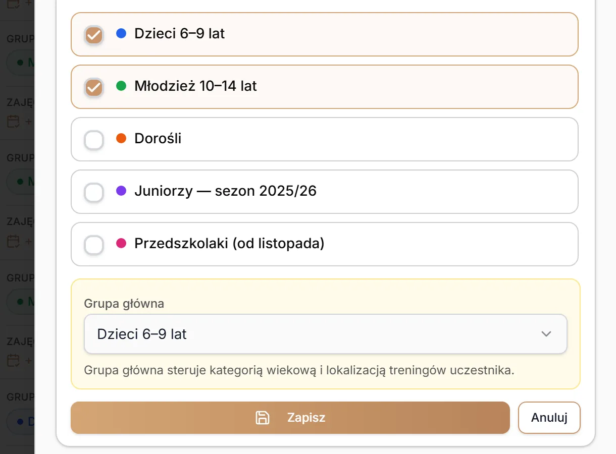 Edycja grup w szybkim podglądzie — kilka grup i grupa główna
