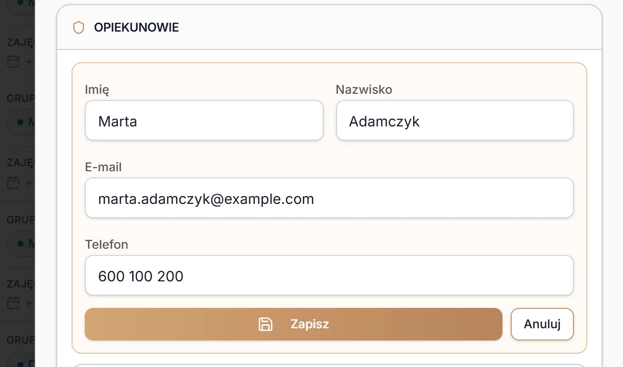 Edycja opiekuna w szybkim podglądzie