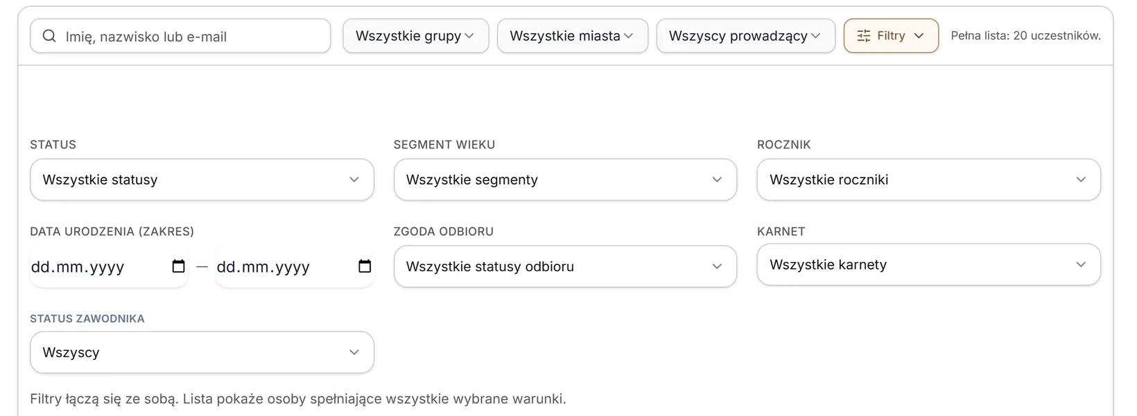 Panel filtrów — status, segment wieku, rocznik, data urodzenia, zgoda odbioru, karnet, zawodnik