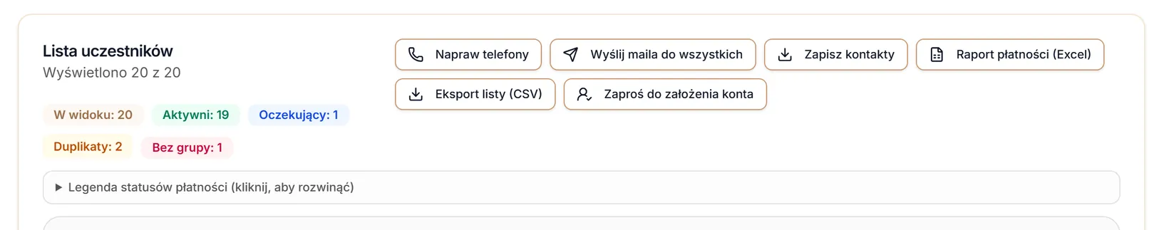 Liczniki, przyciski nad listą i legenda