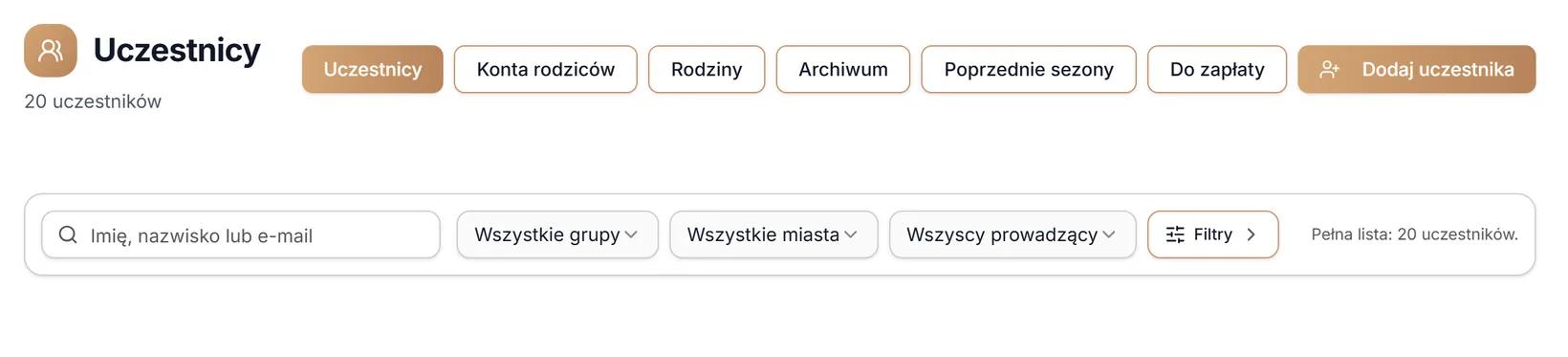 Zakładki, Dodaj uczestnika, wyszukiwarka, grupa, miasto, prowadzący i przycisk Filtry