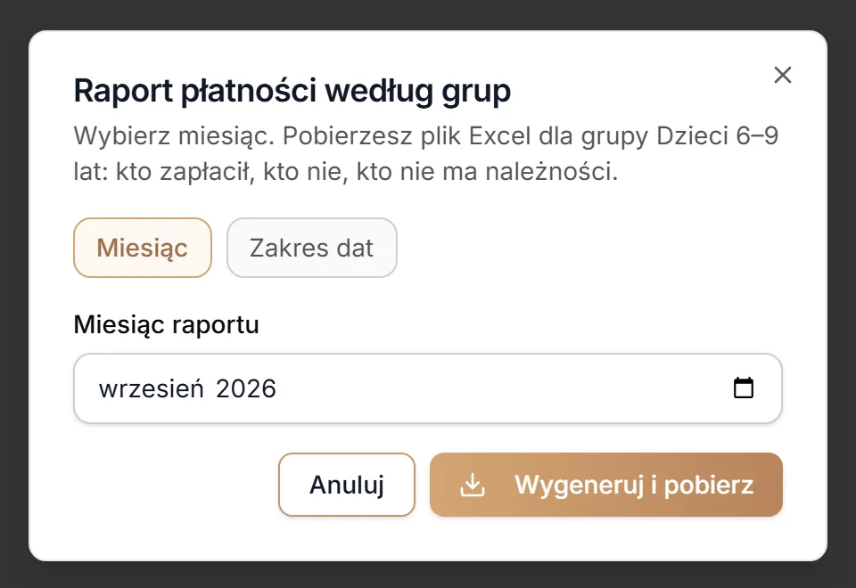 Raport płatności — jeden miesiąc
