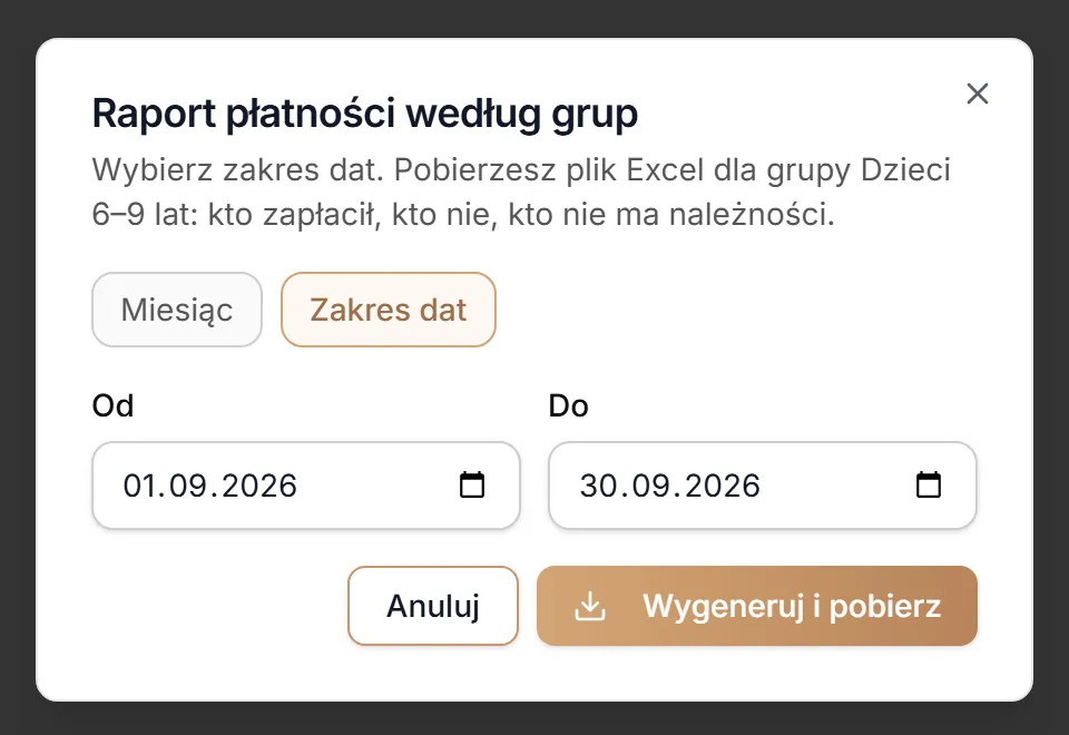 Raport płatności — zakres dat