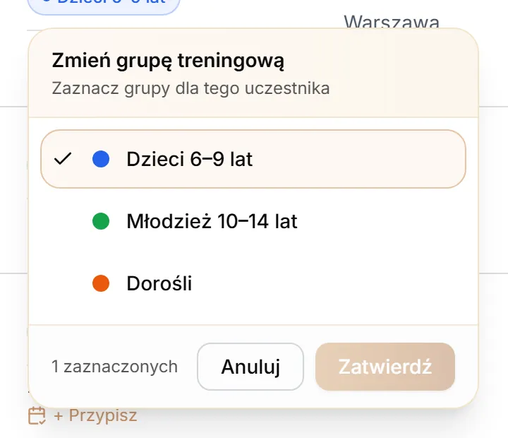 Okienko zmiany grupy treningowej