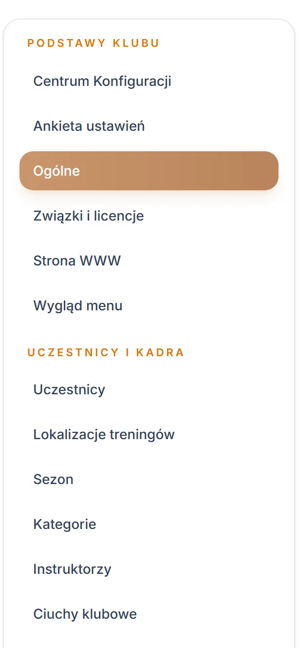 Menu ustawień — dwie pierwsze grupy