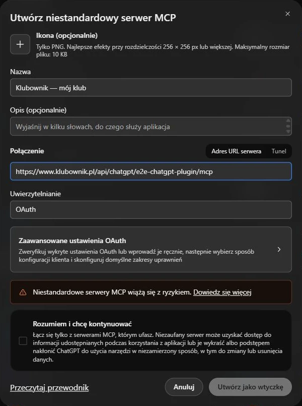 ChatGPT: wpisz nazwę i adres swojego klubu, wybierz OAuth i otwórz ustawienia zaawansowane