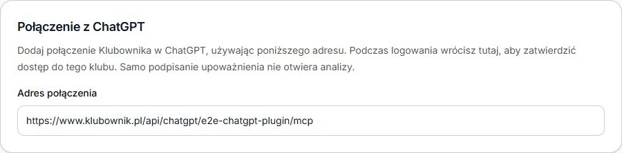 Skopiuj adres z własnego panelu — adres na zrzucie należy do przykładowego klubu