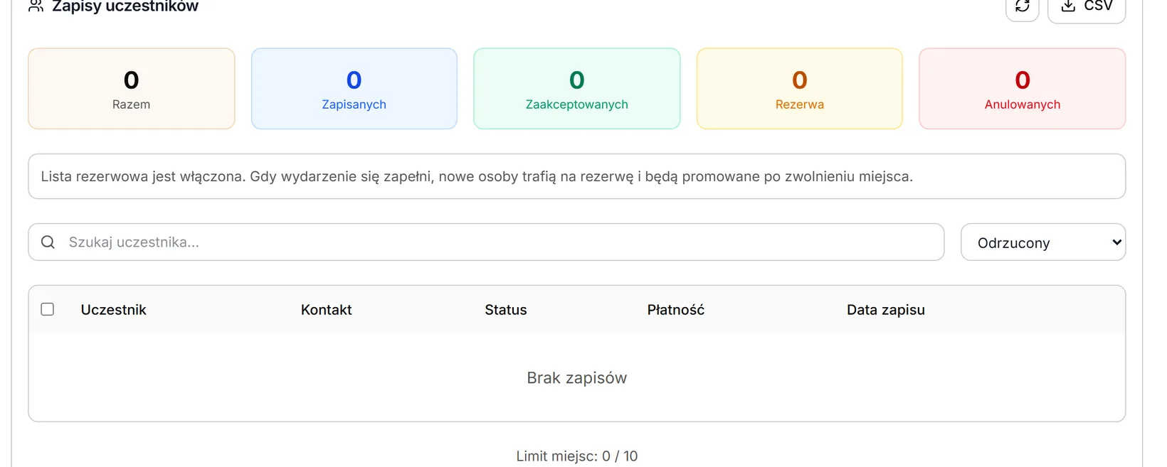 Filtr: Odrzucony — brak zapisów