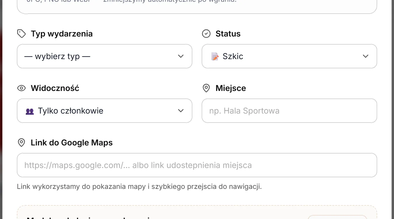 Typ, status, widoczność, miejsce i link do mapy