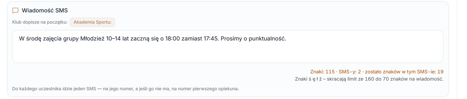 Okienko SMS z podpisem klubu i licznikiem