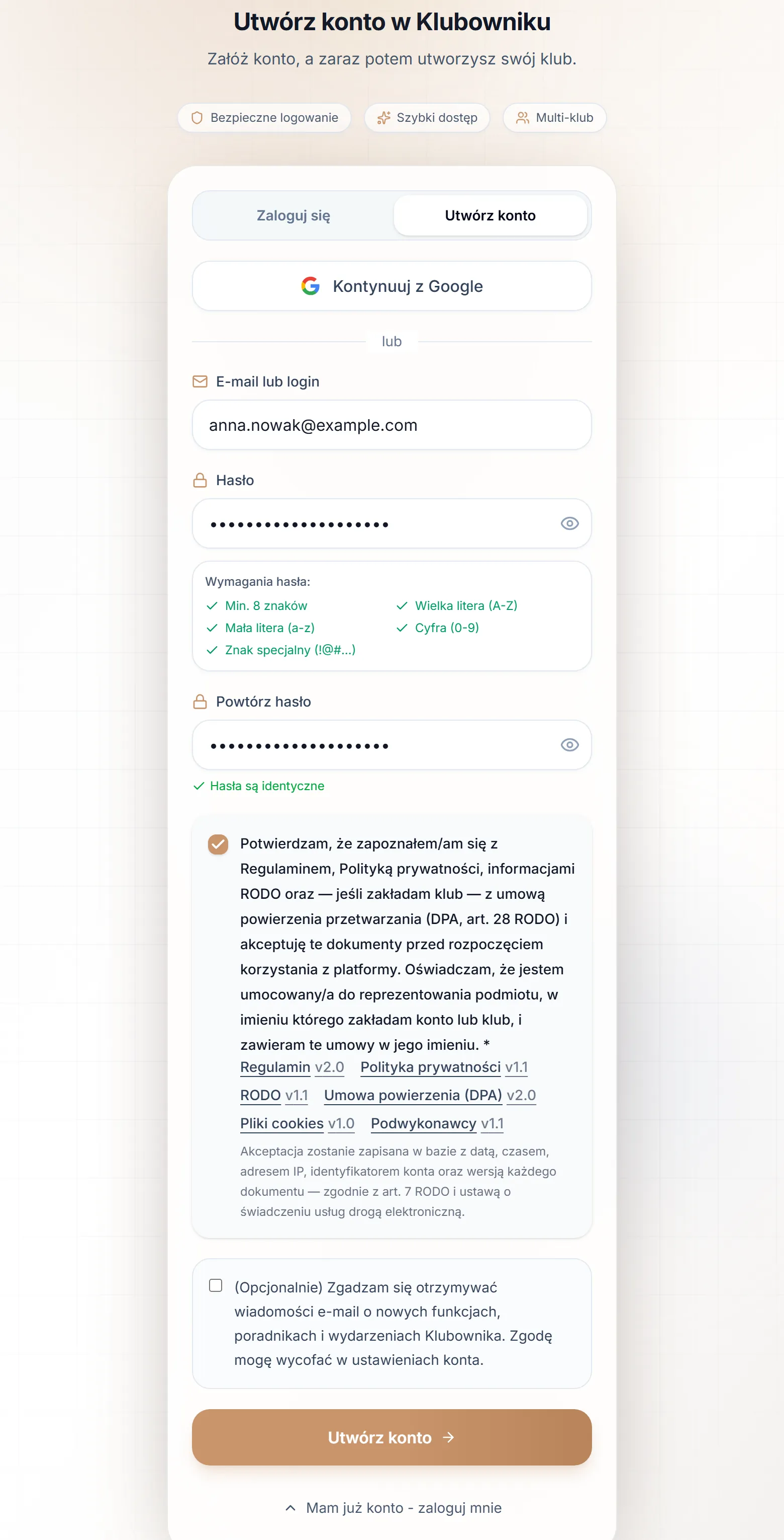 Formularz „Utwórz konto”