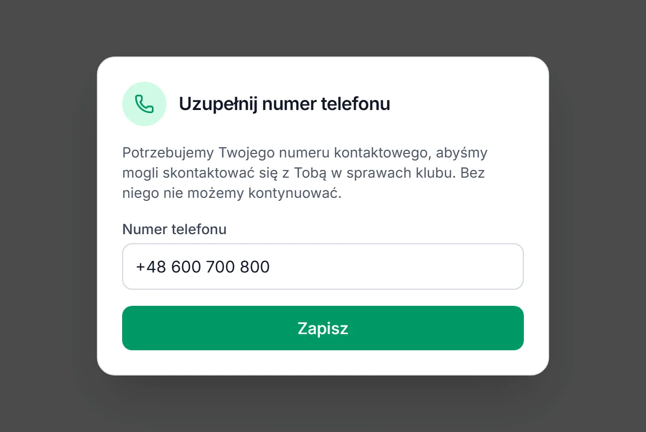 Okno „Uzupełnij numer telefonu”