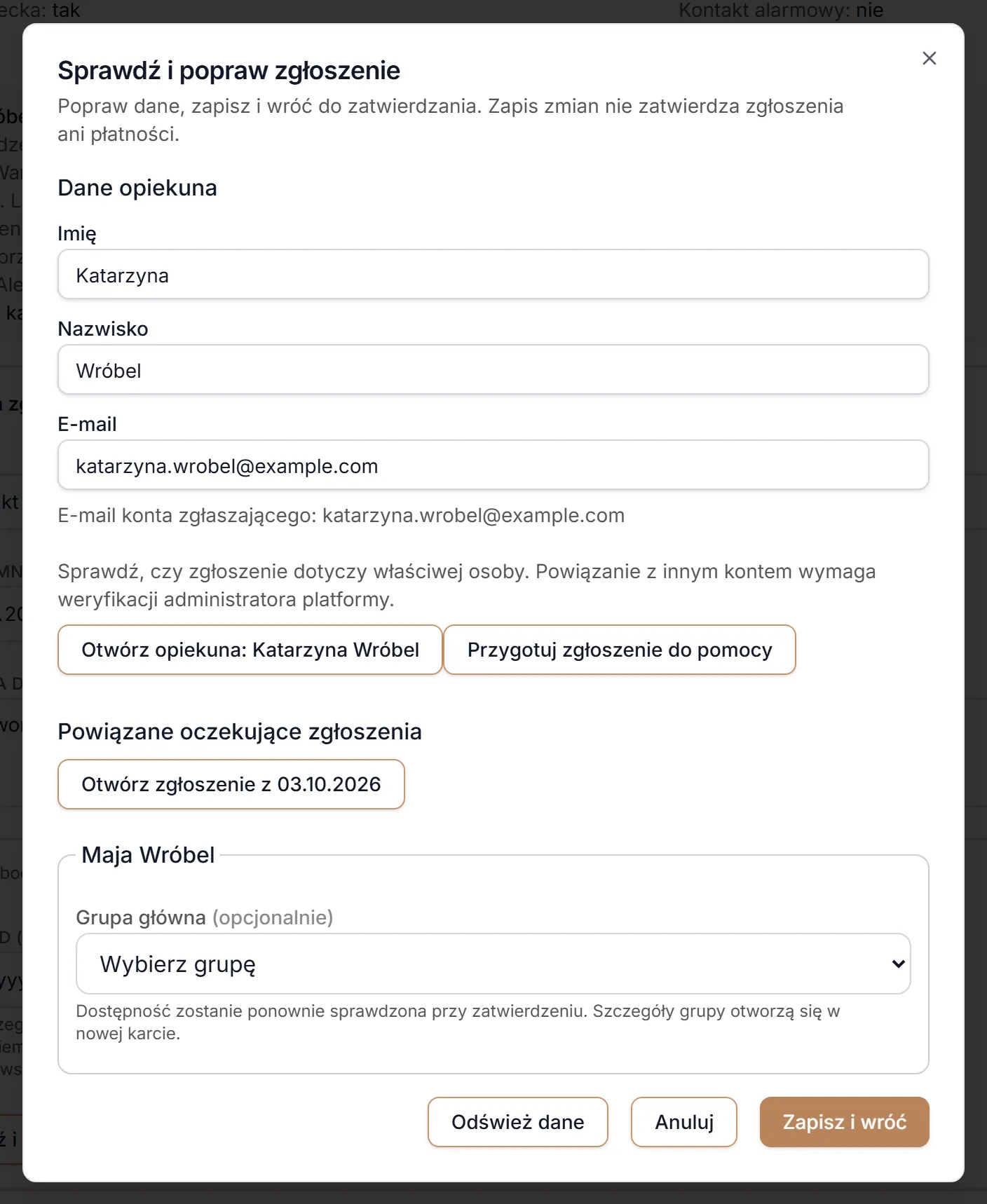 Zgłoszenie bez grupy głównej