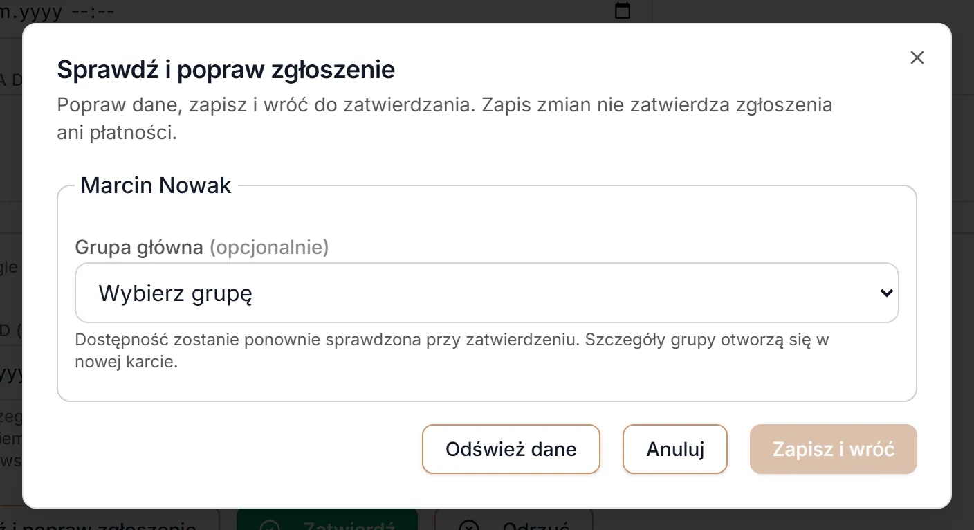 Okno poprawy dla dorosłego zapisującego siebie