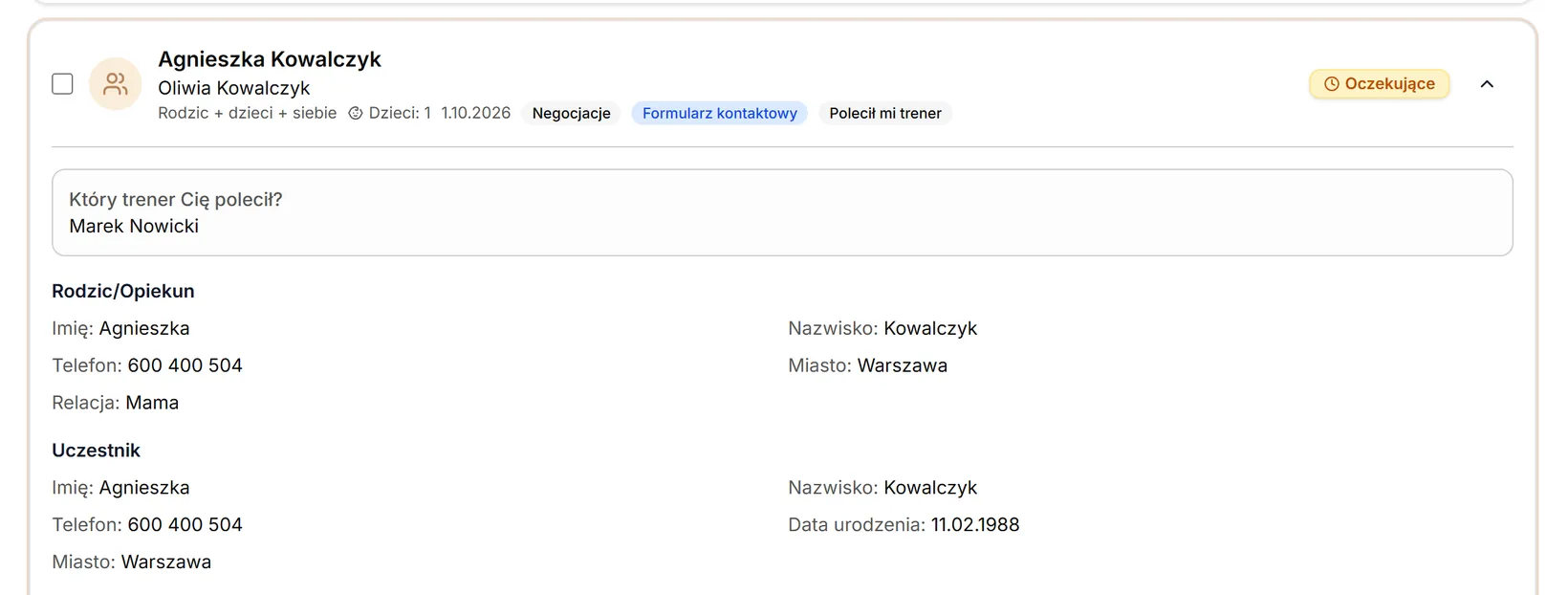 Rozwinięte zgłoszenie z formularza kontaktowego